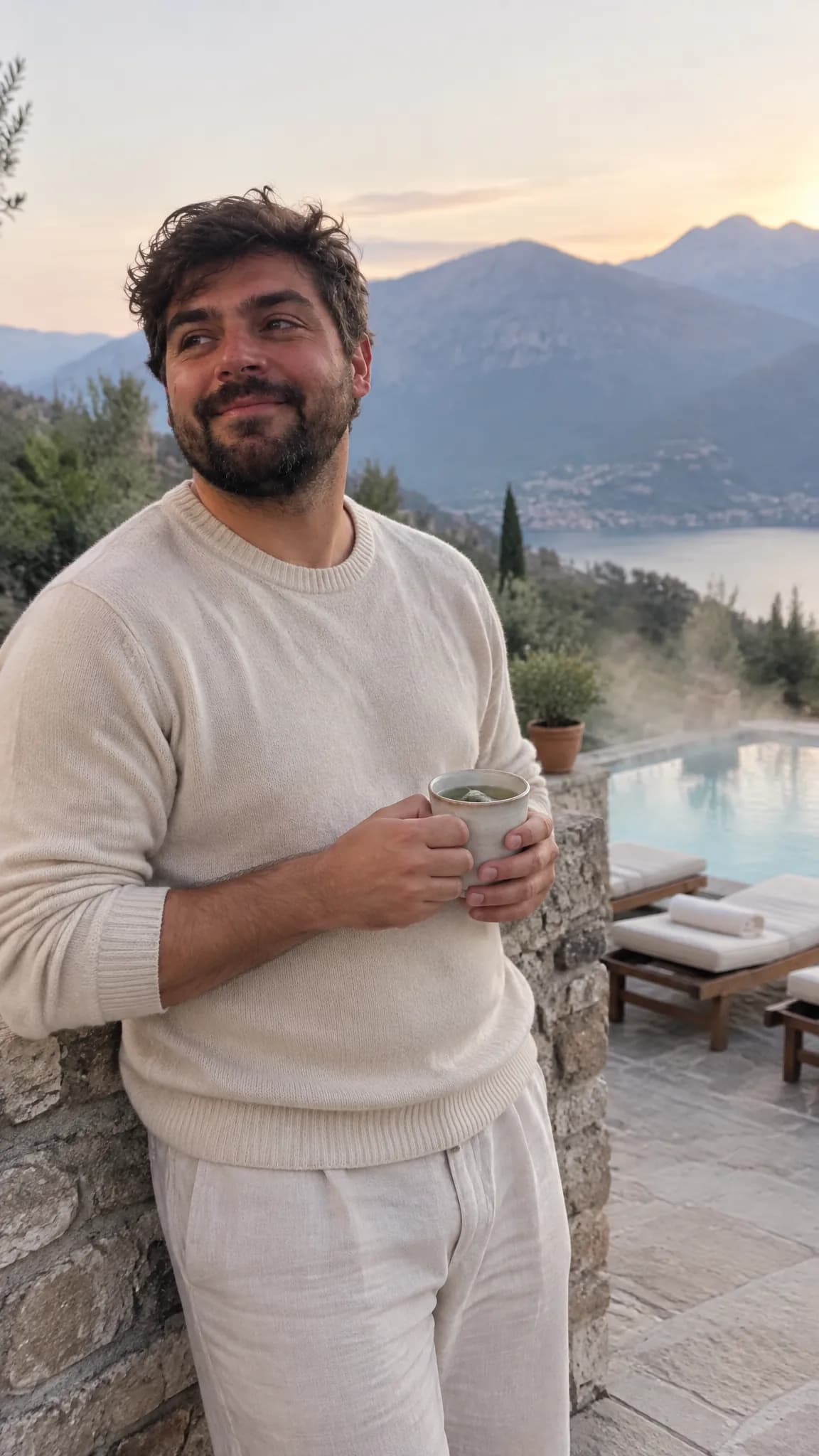 Coffee by an infinity pool above a lake at sunrise, mountains behind